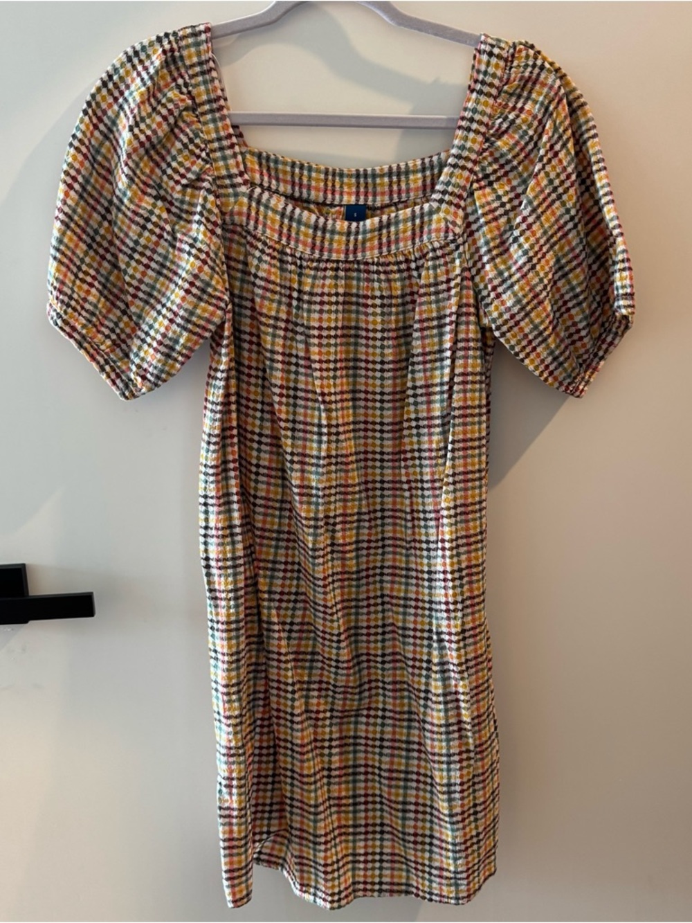 Old Navy Puff-Sleeve Mini Dress in Yellow Plaid